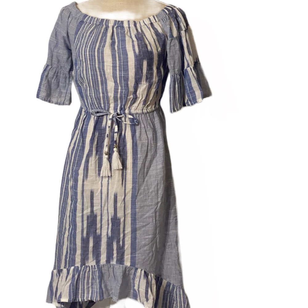 Blue Island Blue and White Flowy Dress with Ruffle Detail